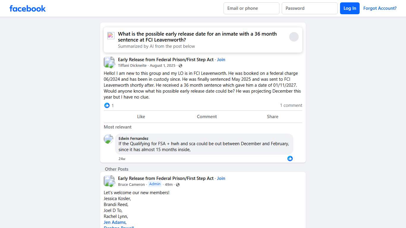 Early Release from Federal Prison/First Step Act | Hello! I am new to this group and my LO is in FCI Leavenworth | Facebook