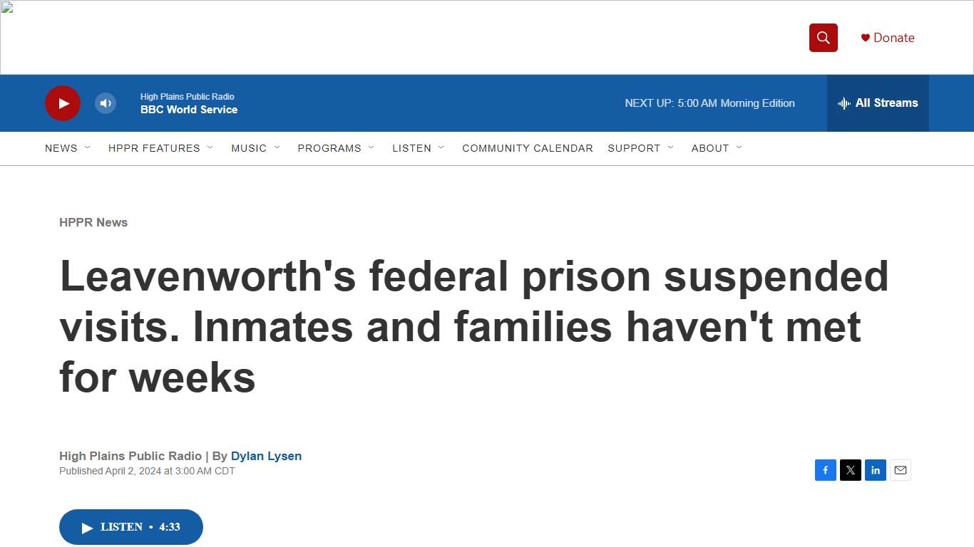 Leavenworth's federal prison suspended visits. Inmates and families haven't met for weeks | HPPR